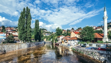 Sarajevo Bosnia and Herzegovina - August 23 2015. View of Miljacka River in Sarajevo city