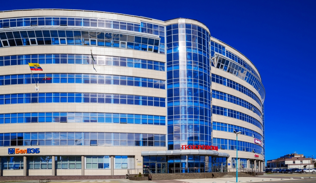 Minsk Belarus - March 23 2017 modern architecture business center Pokrovsky on Pobediteley Avenue editorial