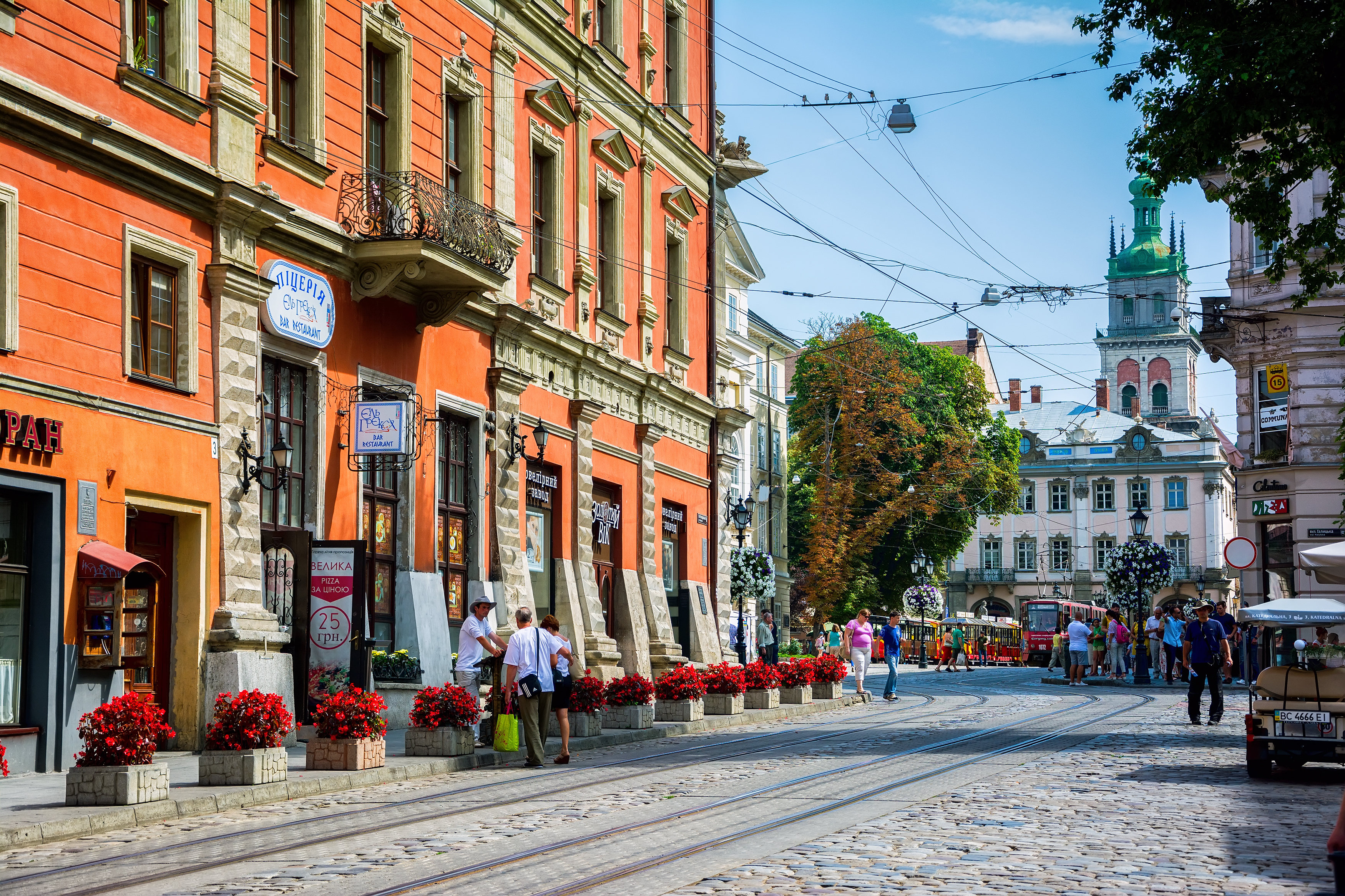 Lviv Ukraine - August 3 2015: Lviv city center. Cathedral and Market square at August 3 2015. Historical old city landscape.