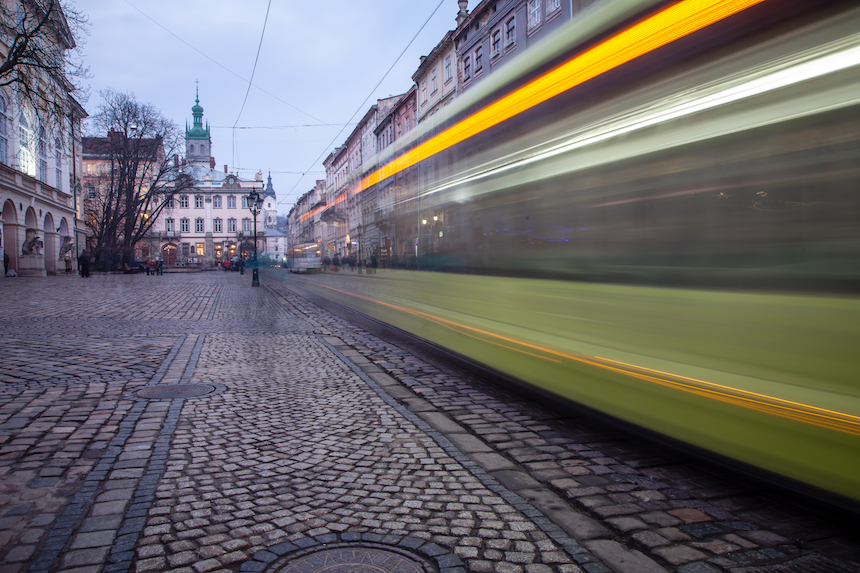 Lviv, Ukraine - February 23, 2015 Public Transport Train Downtown Lviv