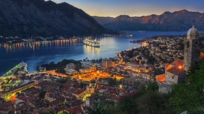 Montenegro Kotor Bay at Sunset. Long exposure photo.