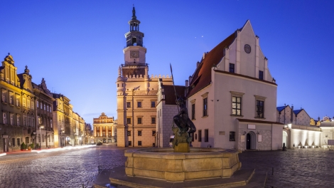 Night view of Poznan Old Market Square in western Poland. Panoramic montage from 5 HDR images