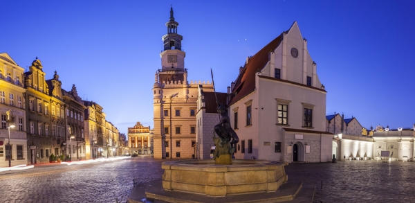 Night view of Poznan Old Market Square in western Poland. Panoramic montage from 5 HDR images