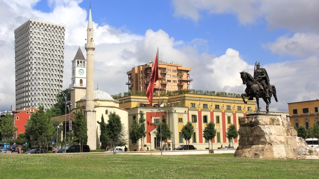 View of the central square with the monument of Skanderbeg in the Albanian capital Tirana