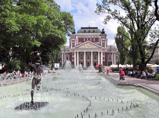 SOFIA BULGARIA - MAY 5: View of the Ivan Vazov National Theatre in Sofia on May 5 2016. Sofia is the largest city and capital of Bulgaria.