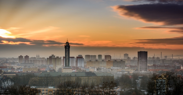 Czech republic city Ostrava in winter sunset