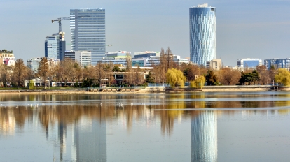 Bucharest Romania - March 07 2016: Bucharest Sky Tower Business Center. Bucharest urban landscape.