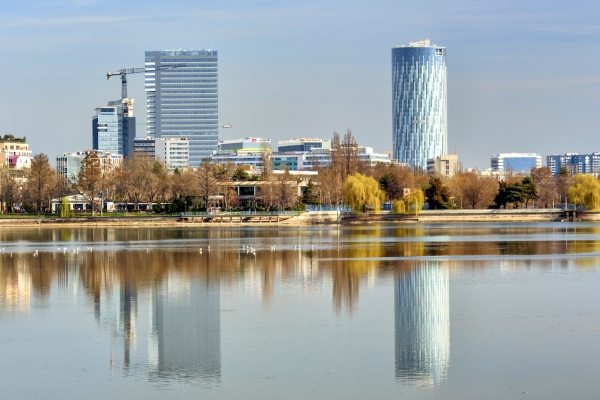 Bucharest Romania - March 07 2016: Bucharest Sky Tower Business Center. Bucharest urban landscape.