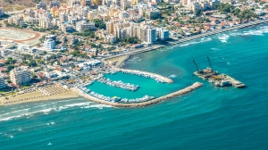 Emerging Europe EBRD Sea port city of Larnaca, Cyprus. This picture was taken through the window of the plane.