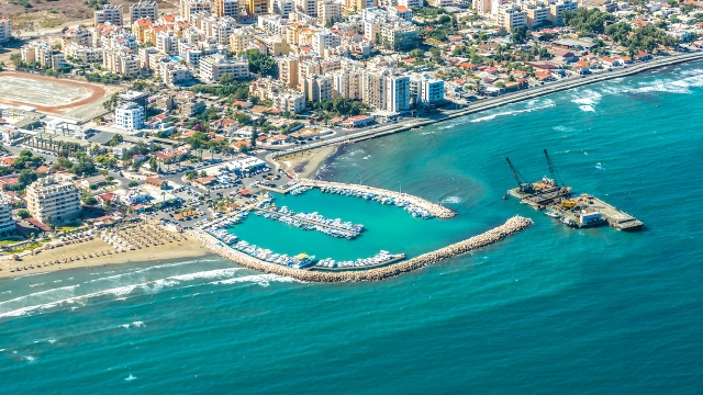 Emerging Europe EBRD Sea port city of Larnaca, Cyprus. This picture was taken through the window of the plane.