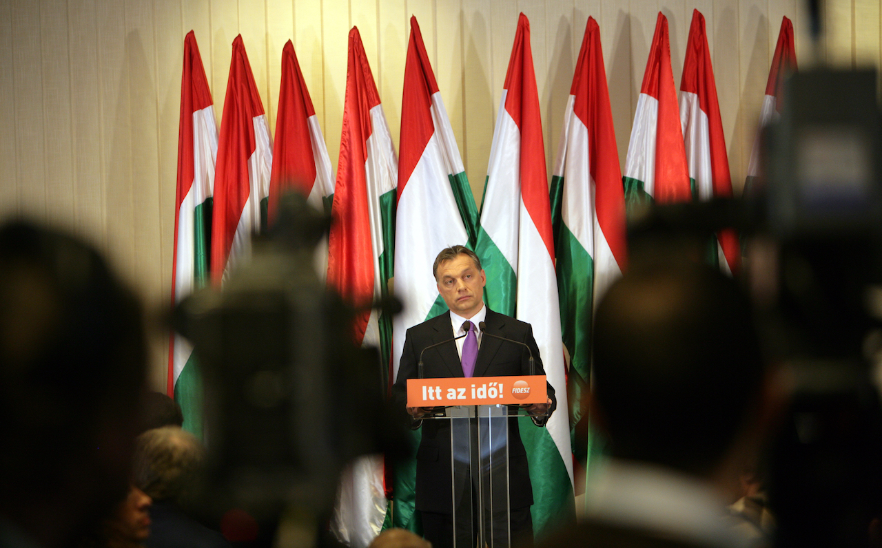 BUDAPEST, HUNGARY – APR 12: Hungarian prime minister Viktor Orban holds a press conference in Budape