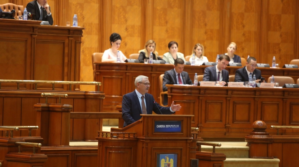BUCHAREST ROMANIA - June 21 2017: Liviu Dragnea President of Social Democrat Party speaks in front of Parliament during a no-confidence vote against Sorin Grindeanu's Cabinet.
