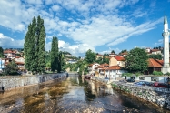 Sarajevo Bosnia and Herzegovina - August 23 2015. View of Miljacka River in Sarajevo city