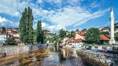 Sarajevo Bosnia and Herzegovina - August 23 2015. View of Miljacka River in Sarajevo city