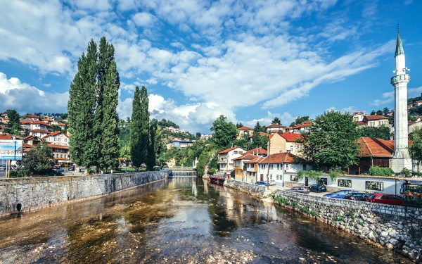 Sarajevo Bosnia and Herzegovina - August 23 2015. View of Miljacka River in Sarajevo city