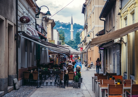 Sarajevo Bosnia and Herzegovina - August 23 2015. One of the streets at old bazaar and the historical and cultural center of the Sarajevo called Bascarsija
