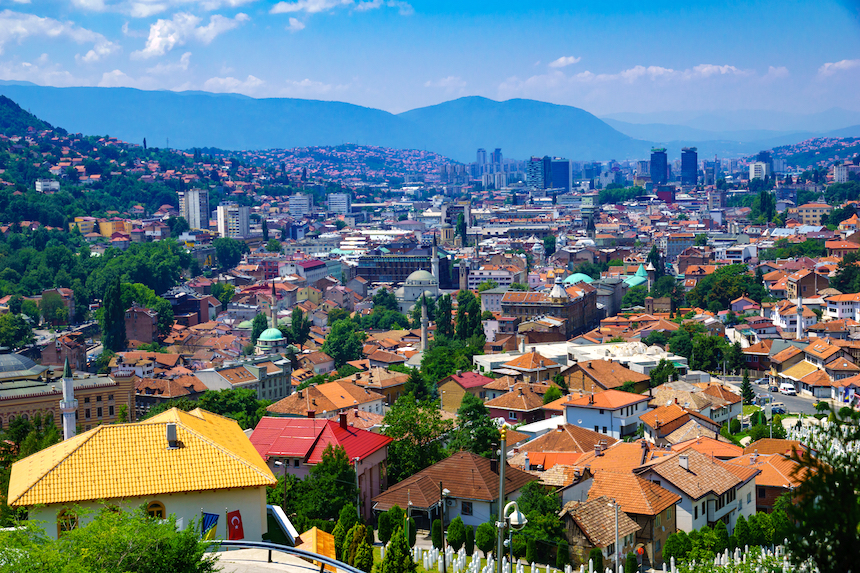 SARAJEVO, BIH - JULY 05, 2015: Rooftop view of the old center of Sarajevo with minarets and other buildings. Bosnia and Herzegovina