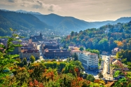 Brasov cityscape panoramic and aerial view over medieval architecture of Brasov town, in Transylvania Romania