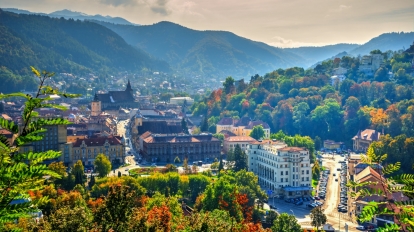 Brasov cityscape panoramic and aerial view over medieval architecture of Brasov town, in Transylvania Romania