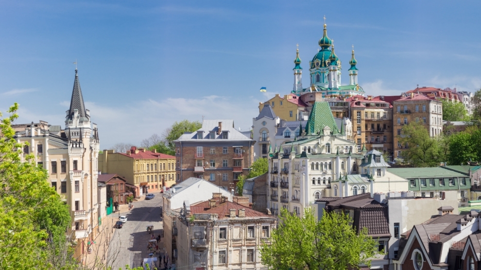 Panorama of the top part of the Andrew's Descent from Castle Hill in springtime in Kiev Ukraine.