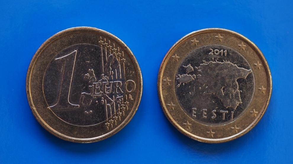 1 euro coin money (EUR) currency of European Union Estonia over blue background