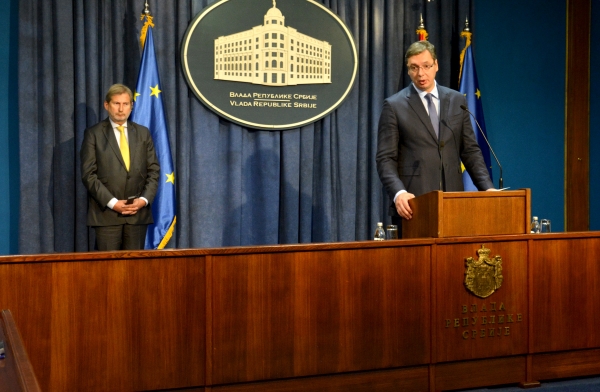Belgrade Serbia. September 11th 2016: Serbian Prime Minister Aleksandar Vucic and Johannes Hahn Commissioner for European Neighbourhood Policy & Enlargement Negotiations holds a joint press conference in Media Center of Government of Serbia.