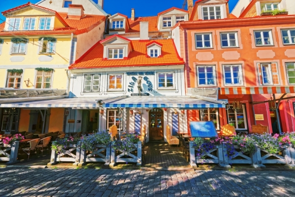 Riga Latvia - September 3 2014: Street open air cafe in the historical center in the old town Riga Latvia.