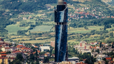 Sarajevo Bosnia and Herzegovina - August 24 2015. View from Vraca Memorial Park with building of Avaz Twist Tower