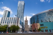 WARSAW, POLAND - MAY 07, 2016: Building Palace of Culture and Science among the modern buildings of the city