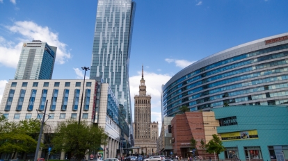 WARSAW, POLAND - MAY 07, 2016: Building Palace of Culture and Science among the modern buildings of the city