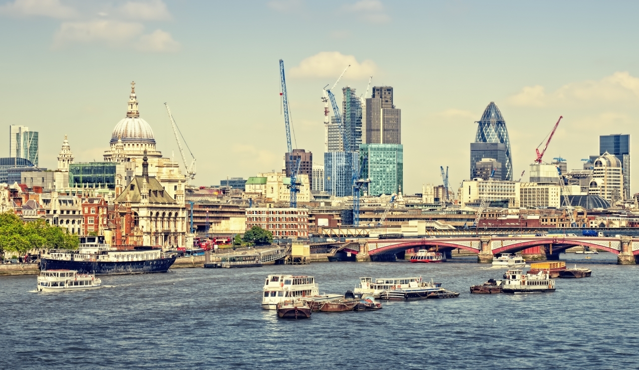 City of London view from Waterloo Bridge. This view includes: St. Paul`s Cathedral The Gherkin Tower 42 and Blackfriars Bridge.