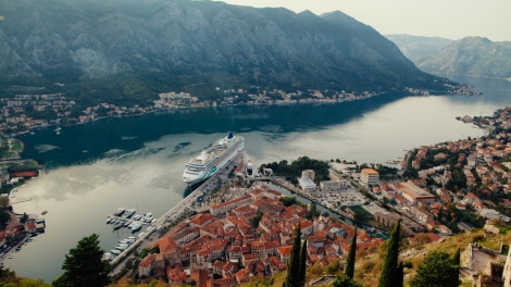 cruise ship in Kotor Bay Montenegro. Aerial view panorama. Kotor bay Montenegro.