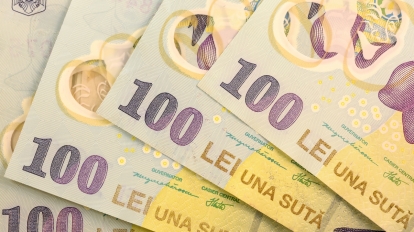 Close up Romanian currency note, LEI or LEU, Romania