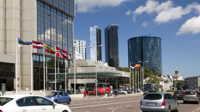 TALLINN ESTONIA- JUNE 17: View of the modern high rise buildings on border with an old part of the city on June 17 2012 in Tallinn Estonia