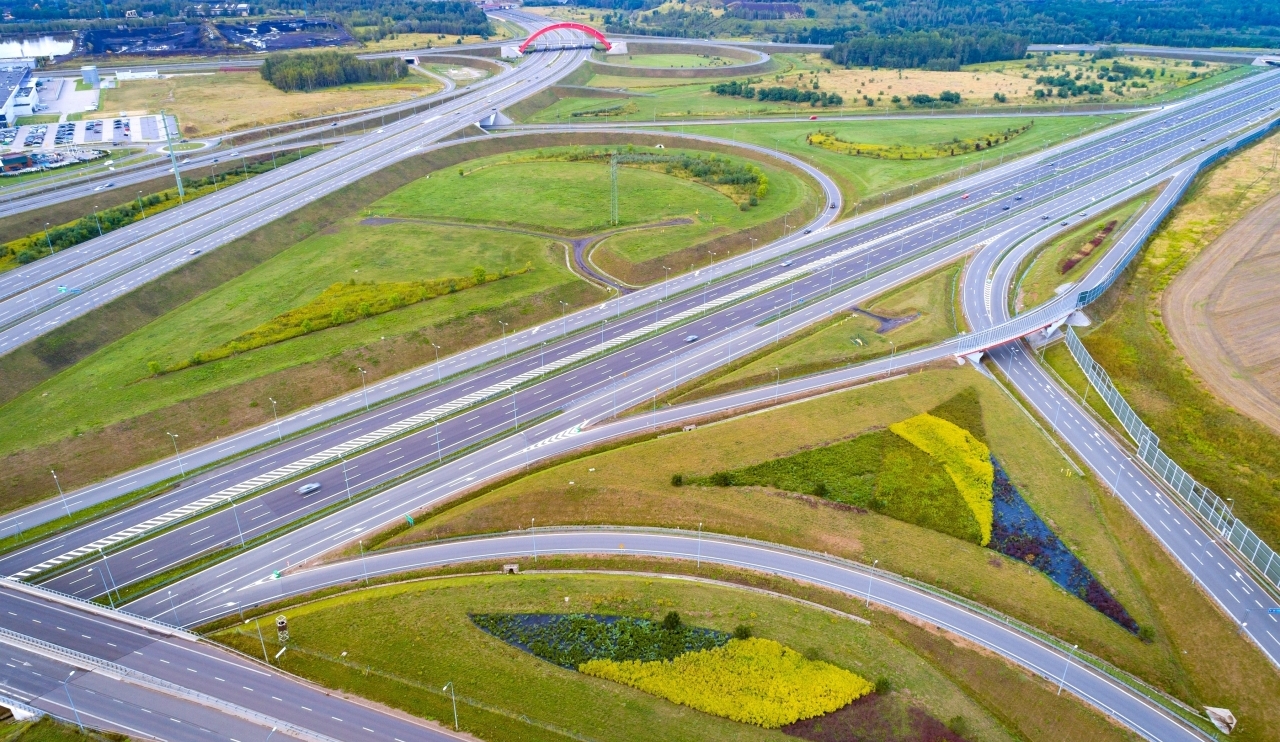 Aerial view of Gliwice Sosnica motorway junction. There are international traffic in four directions