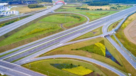 Aerial view of Gliwice Sosnica motorway junction. There are international traffic in four directions