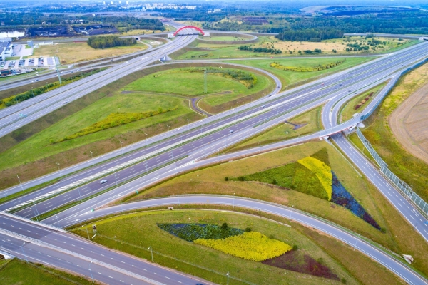 Aerial view of Gliwice Sosnica motorway junction. There are international traffic in four directions