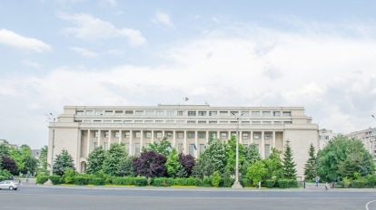 BUCHAREST ROMANIA - MAY 25 2014: The Victoria Palace. Victoria Square.