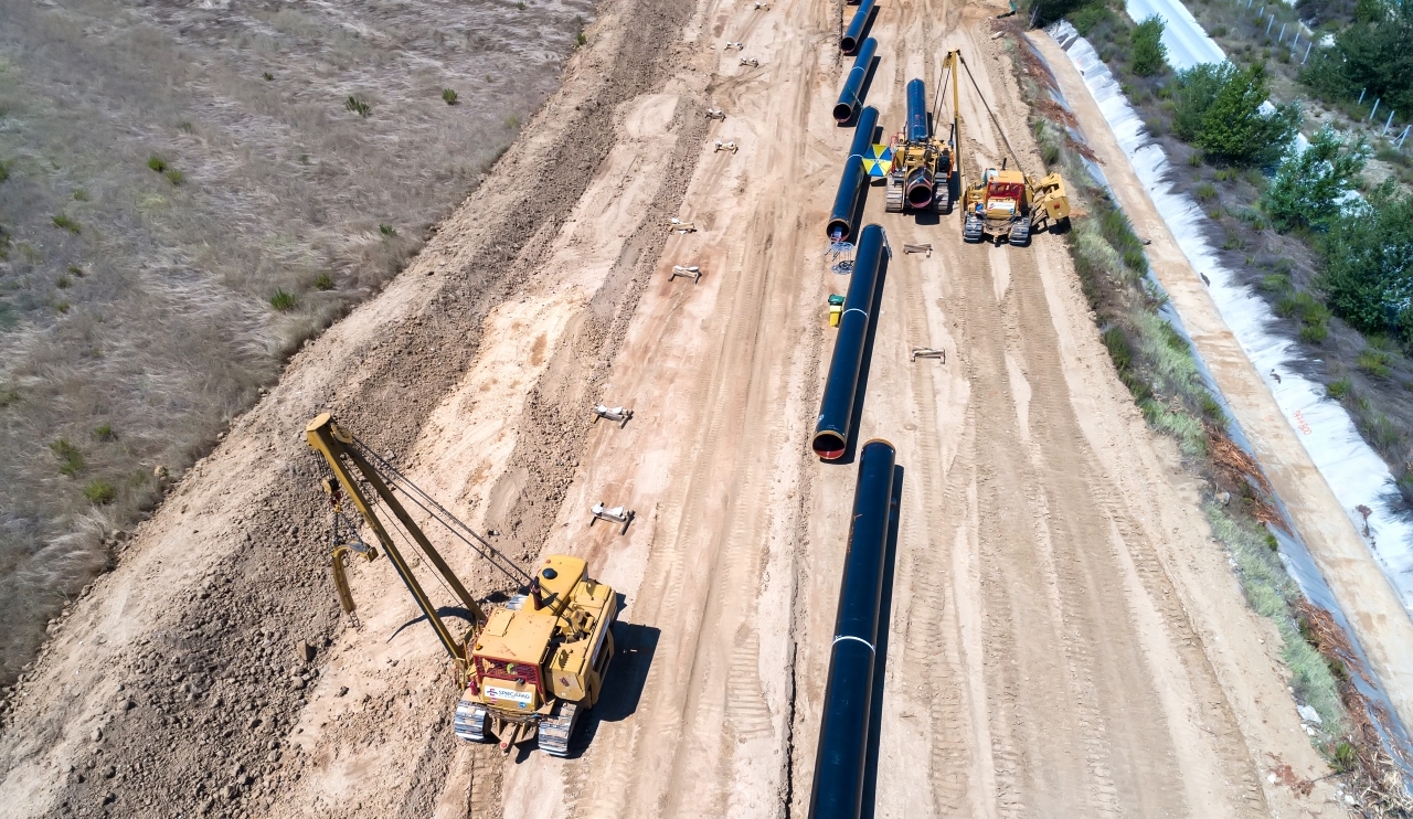Xanthi. Greece - July 30 2017: aerial view of construction of gas pipeline Trans Adriatic Pipeline - TAP in north Greece. The pipeline starts from the Caspian sea and reaches the coast of southern Italy