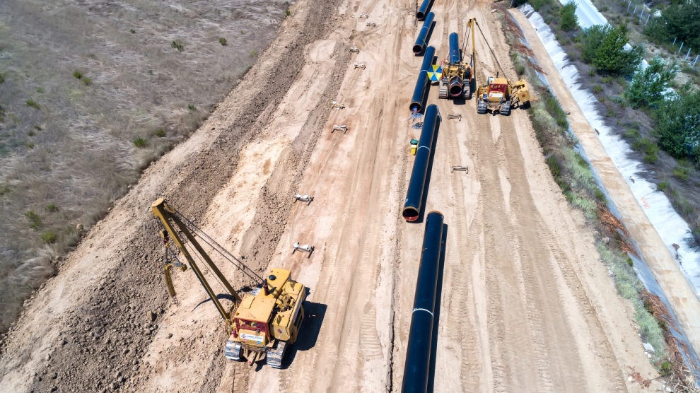 Xanthi. Greece - July 30 2017: aerial view of construction of gas pipeline Trans Adriatic Pipeline - TAP in north Greece. The pipeline starts from the Caspian sea and reaches the coast of southern Italy