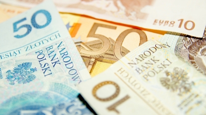 Euro cash and Zloty on one photo.