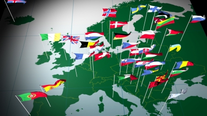 Flags of European countries flying from their capital cities. Viewed from the South.