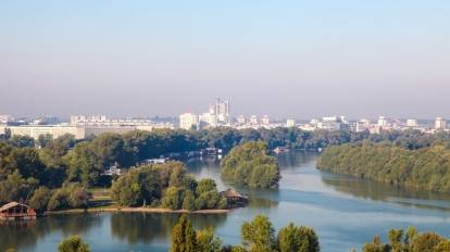 BELGRADE SERBIA - SEPTEMBER 29 2016: View on the city center and the junction of Rivers Sava and Danube in Belgrade Serbia.
