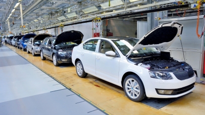 MLADA BOLESLAV CZECH REPUBLIC - MAY 30: Skoda Octavia on conveyor line during Doors Open Day at Skoda Auto a.s. factory. Skoda auto celebrated 120 years since its founding on May 30 2015 in Mlada Boleslav.