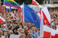 CRACOW POLAND - JULY 23 2017: Another day in Cracow thousands of people protest against violation the constitutional law in Poland. Defense of the triad of division of power free election and independence of the highest court in Poland