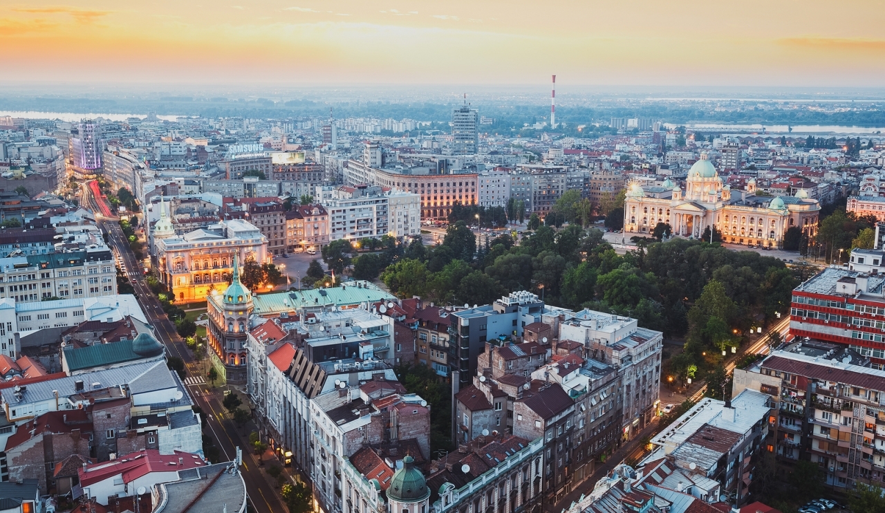 Belgrade, Serbia, July 22, 2017.Belgrade cityscape at sunset with national assembly, aerial view