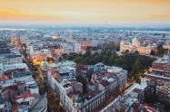Belgrade, Serbia, July 22, 2017.Belgrade cityscape at sunset with national assembly, aerial view