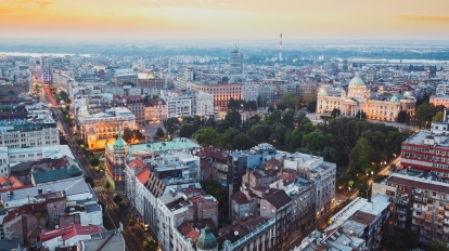 Belgrade, Serbia, July 22, 2017.Belgrade cityscape at sunset with national assembly, aerial view