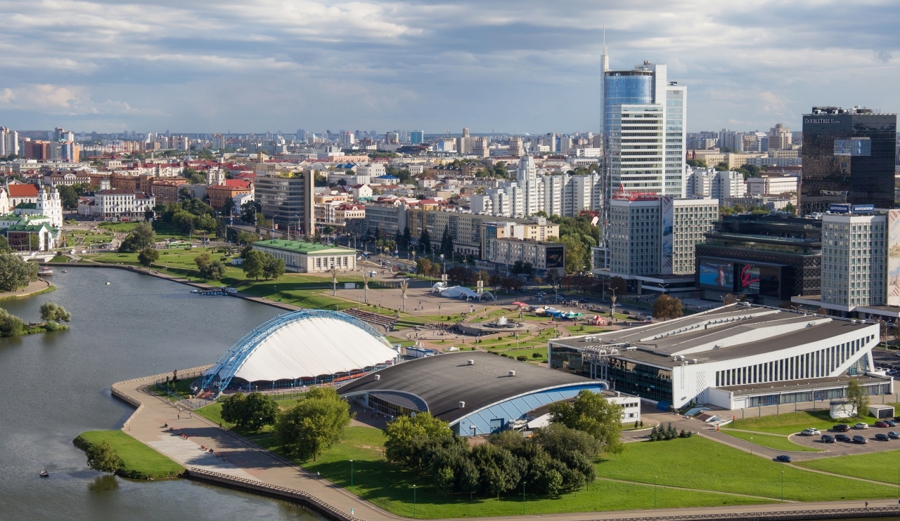 MINSK, BELARUS - AUGUST 15, 2016: Aerial view of the southwestern part of the Minsk with Palace of Sport and old and new other buildings. Minsk is the capital and largest city of Belarus.