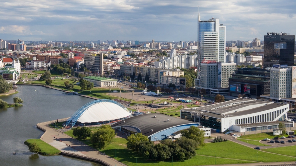 MINSK, BELARUS - AUGUST 15, 2016: Aerial view of the southwestern part of the Minsk with Palace of Sport and old and new other buildings. Minsk is the capital and largest city of Belarus.